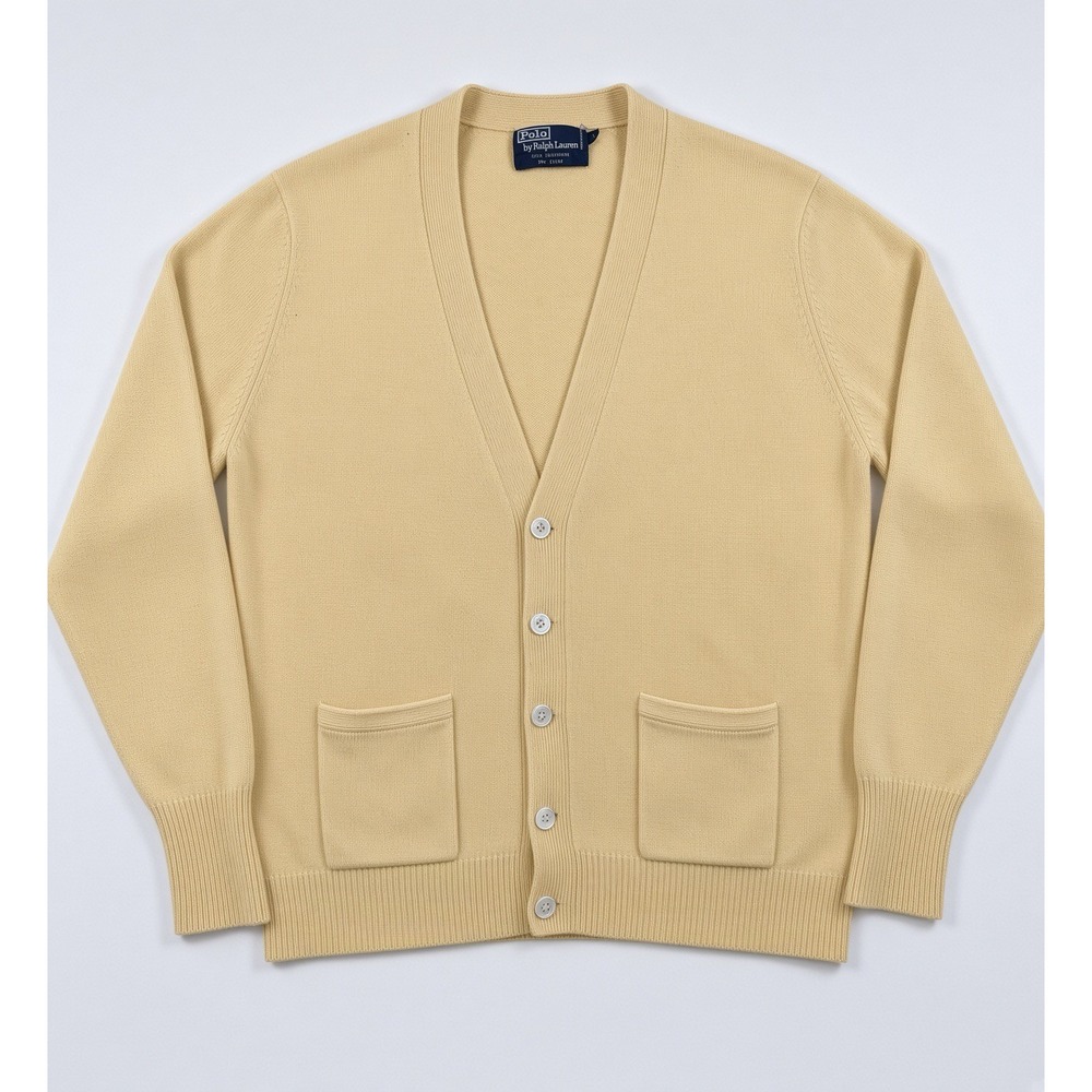 Vintage Polo Ralph Lauren 90s Cashmere Cardigan Pocket V-Neck Yellow Men Large